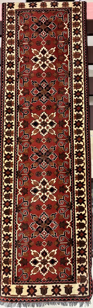 Wool Runner Hand Knotted in Pakistan w Traditional Geometric Patterns in Shades of Blue, Cream & Terracotta Image 1++