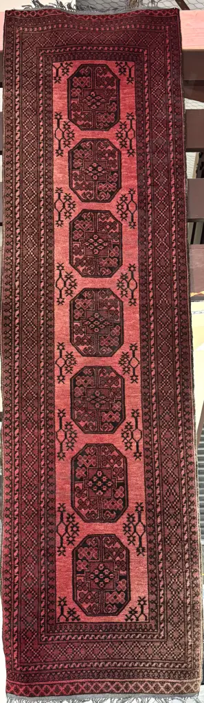 Woollen Afghan Turkoman or Bokhara Runner w Vertical Row of 'Elephant Foot' Guls on a Red Ground Image 1++