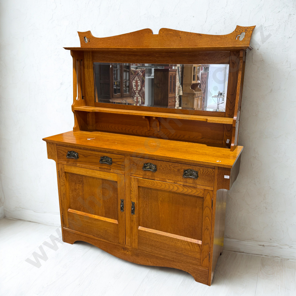 Early 20th Century Oak Antique Arts & Crafts  Two Door Sideboard w Art Nouveau Handles & Mirror & Cut Out Detail to Top Image 1++