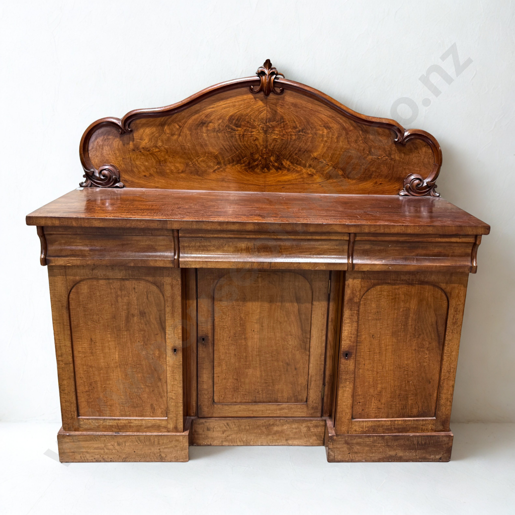 Victorian Mahogany Three Door, Three Drawer Sideboard w Carved Back Plate Image 1++