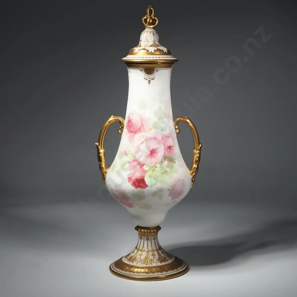 Royal Doulton Bisque Porcelain Lidded Vase Handpainted & Gilded  w Roses By P Curnock. Image 1++