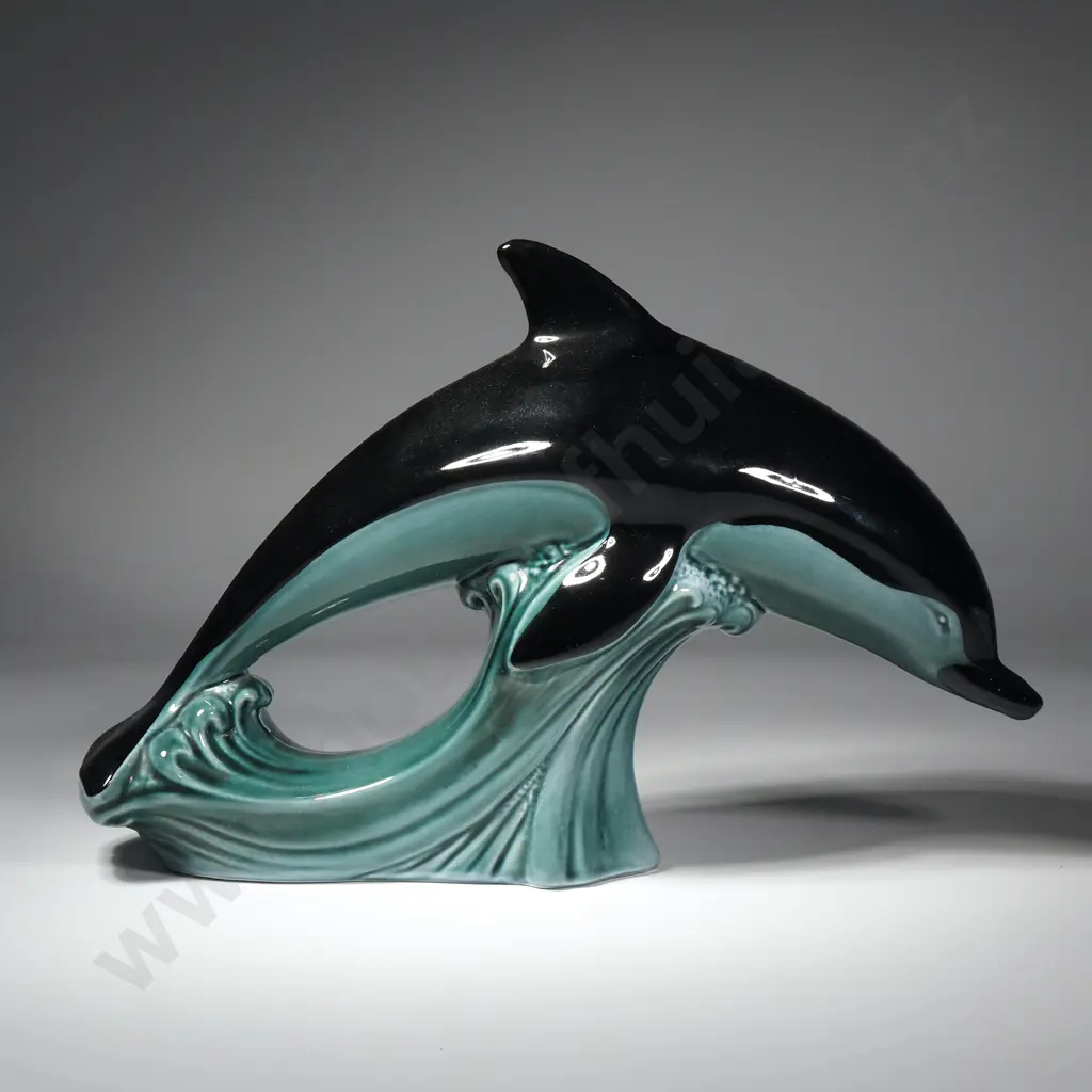 Vintage Poole Pottery Blue Black Glazed Dolphin Figure Cresting a Wave Image 1++