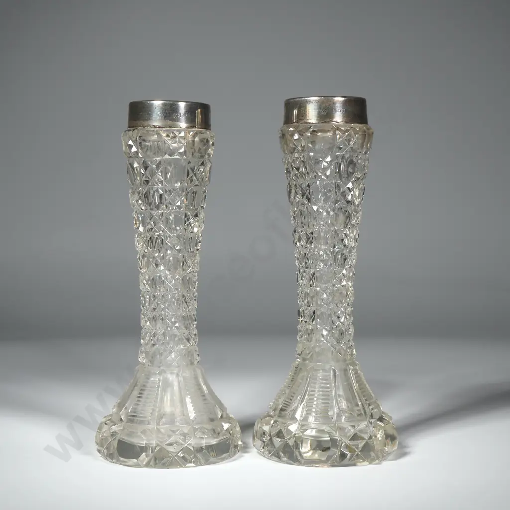 Antique Sterling Silver Rimmed Hobnail Cut Posy Vases x 2 Image 1++