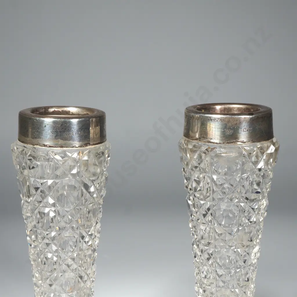 Antique Sterling Silver Rimmed Hobnail Cut Posy Vases x 2 Image 1++