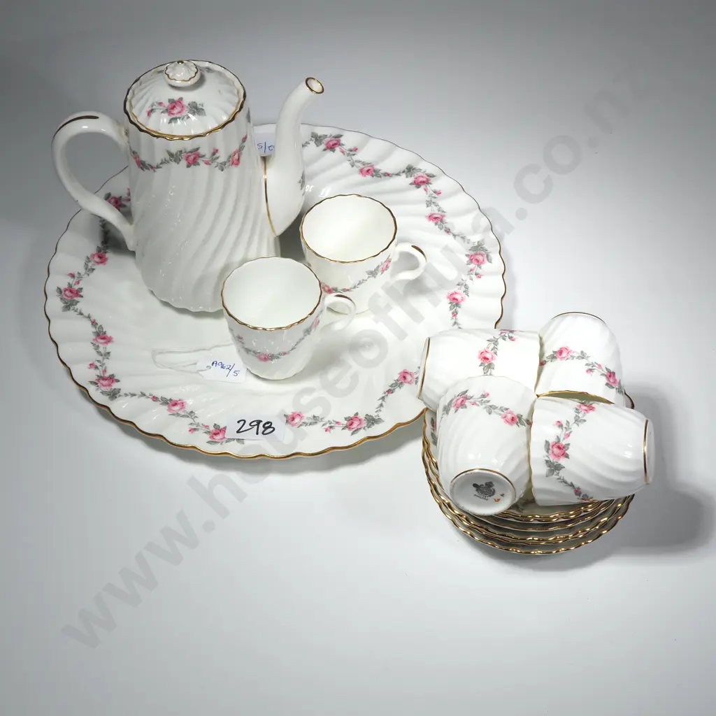 Minton Demi Tasse Coffee Set w Rose Swags On A White Ground & Comprising Six Coffee Cups & Saucer, Coffee Pot & Plate Image 1++