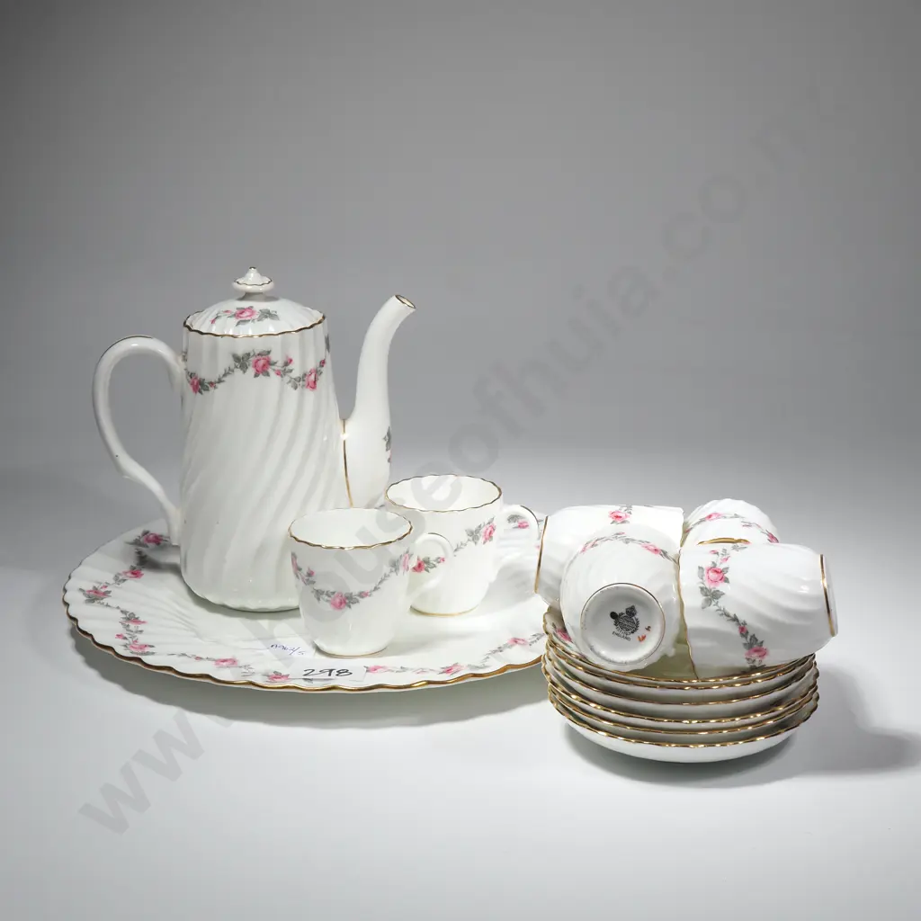 Minton Demi Tasse Coffee Set w Rose Swags On A White Ground & Comprising Six Coffee Cups & Saucer, Coffee Pot & Plate Image 1++
