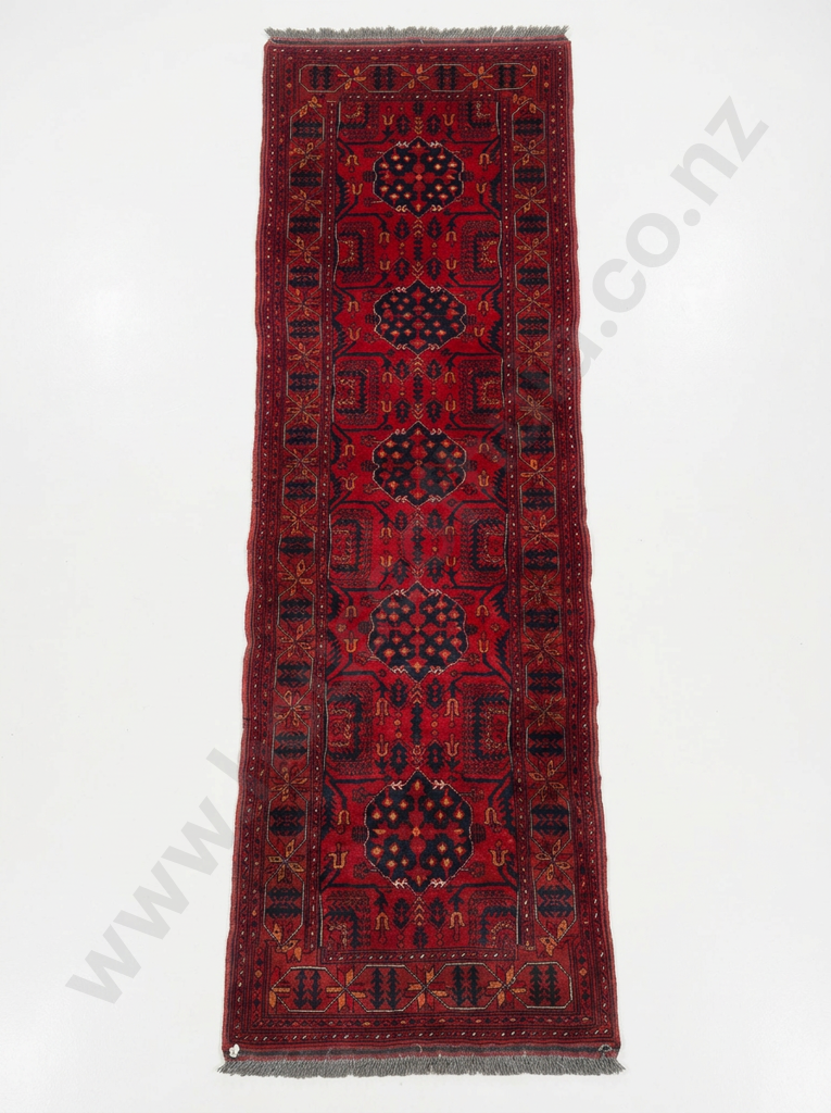 Afghan Khal Mohammadi Runner W Geometric Tribal Patterns in Red & Navy Blue Image 1++