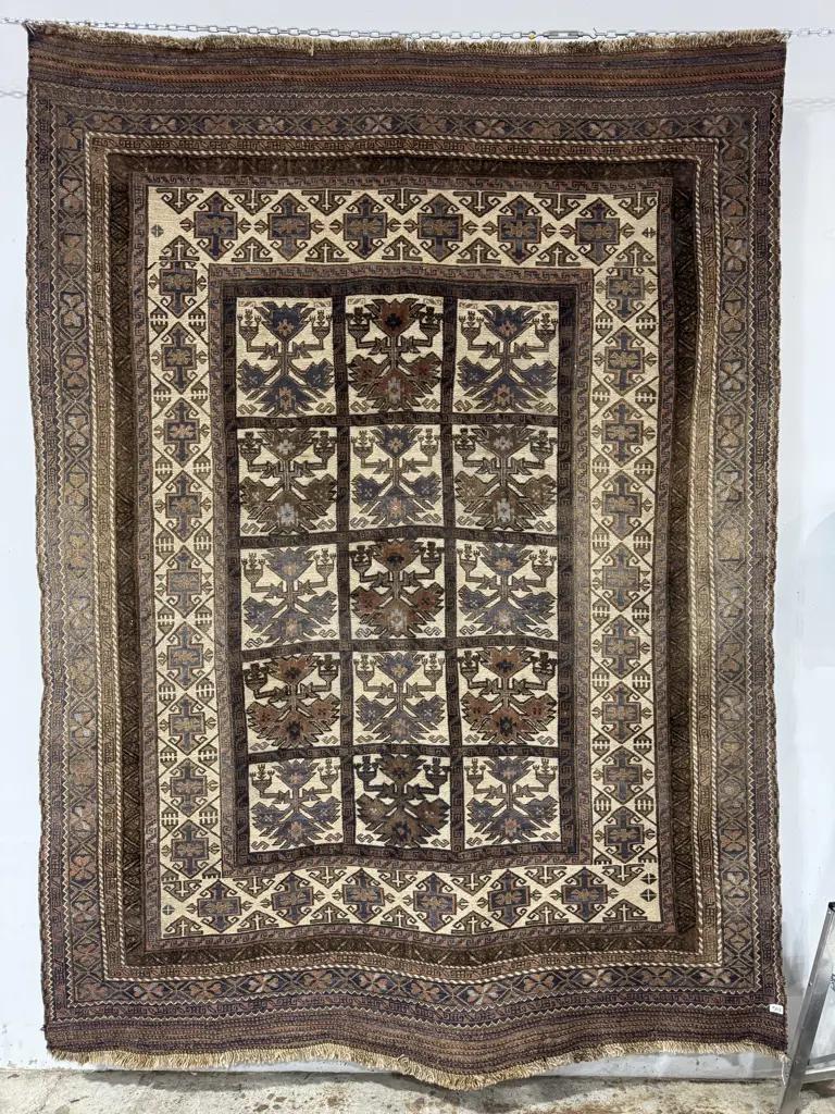 Persian Rug w a Distinct Geometric Tribal Pattern in Tones of Brown, Blue & Beige. Possibly Baluchi Image 1++