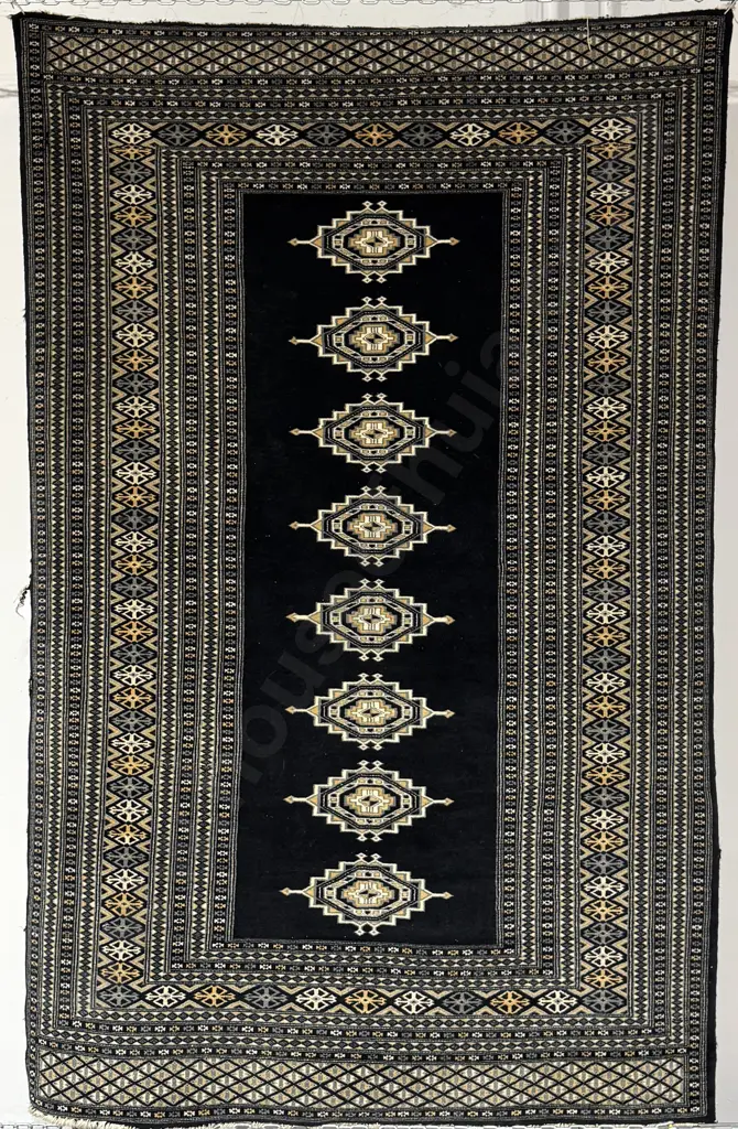 Pakistani Bokhara Fine Hand Knotted Rug w Navy Blue Ground w Geometric Rows of Guls Image 1++