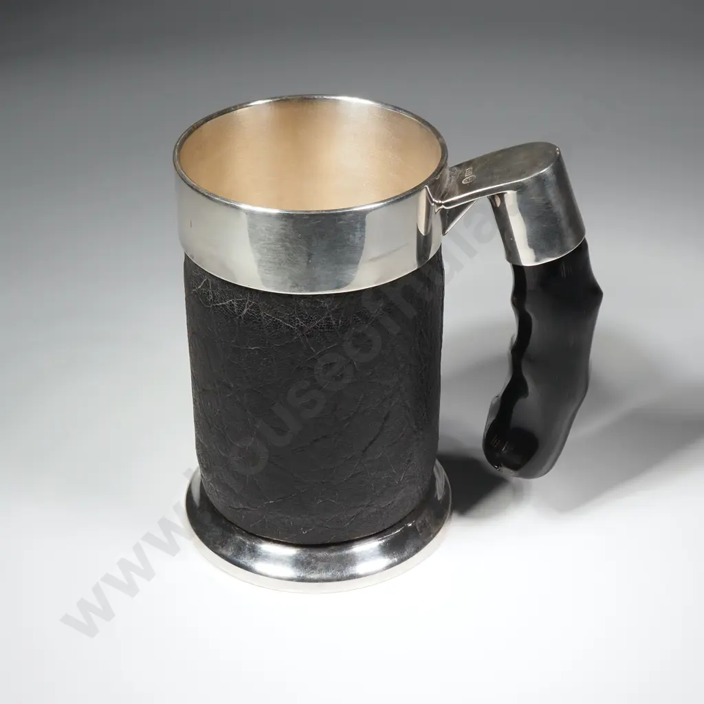Vintage Silver Plated Horn Handled Tankard w Leather Body Image 1++