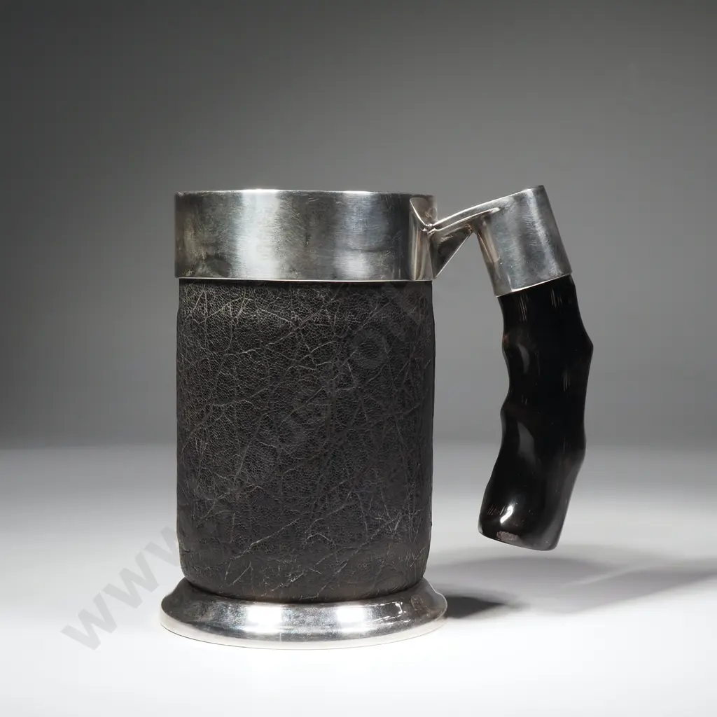 Vintage Silver Plated Horn Handled Tankard w Leather Body Image 1++