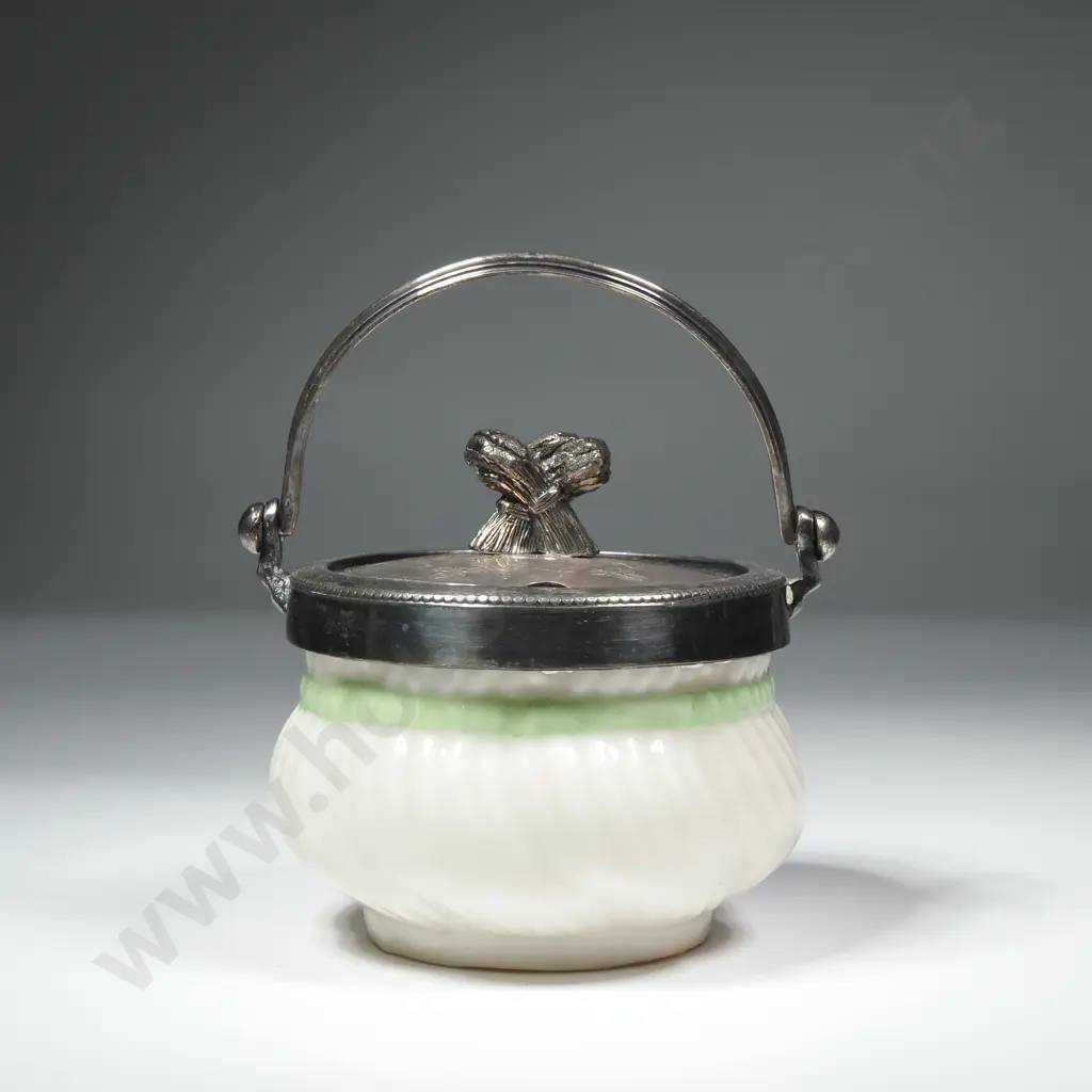 Black Mark Belleek Sugar or Jam Pot Having a Silver Plate Lid w Crossed Wheat Sheath Finial Image 1++