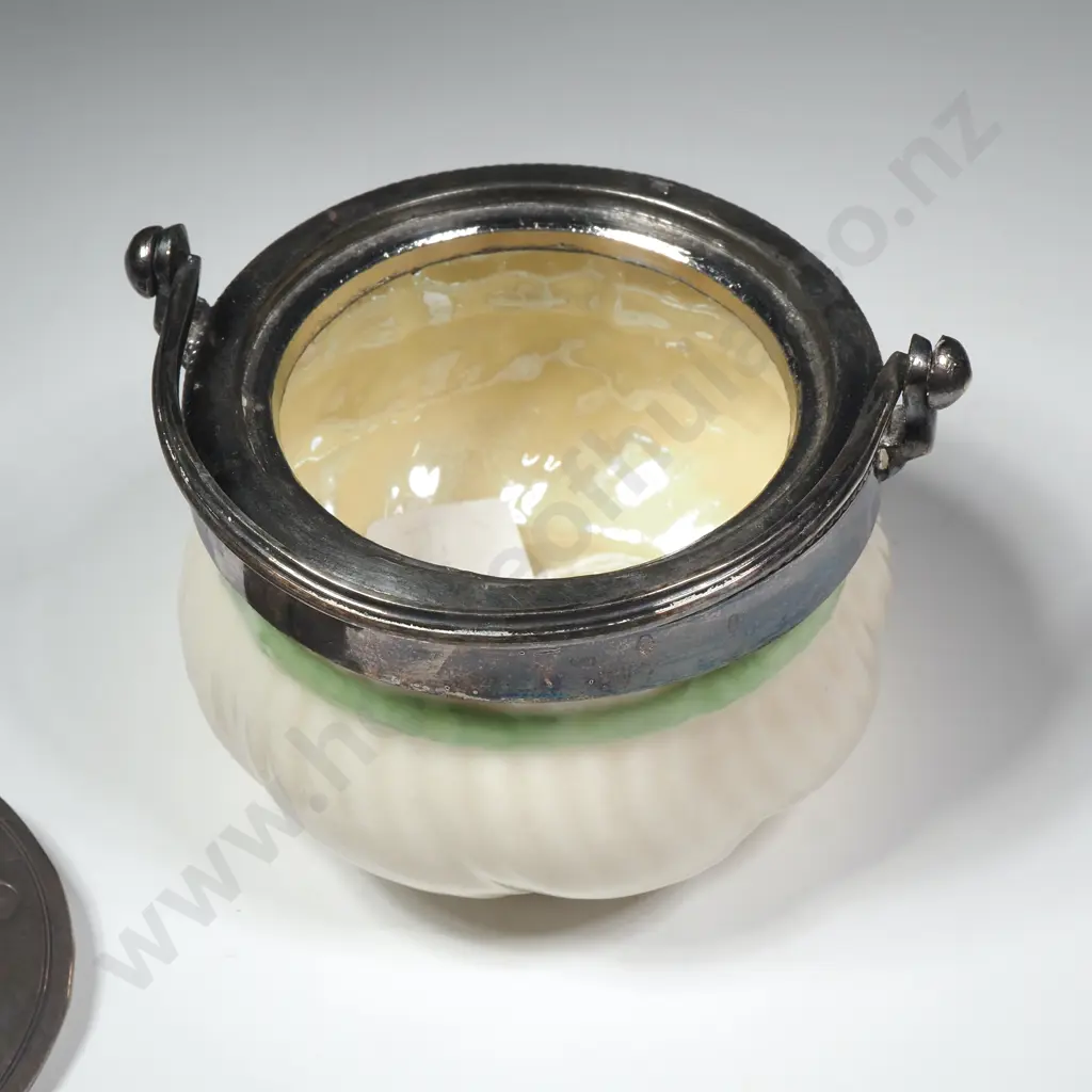 Black Mark Belleek Sugar or Jam Pot Having a Silver Plate Lid w Crossed Wheat Sheath Finial Image 1++
