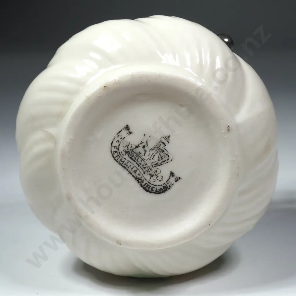 Black Mark Belleek Sugar or Jam Pot Having a Silver Plate Lid w Crossed Wheat Sheath Finial Image 1++