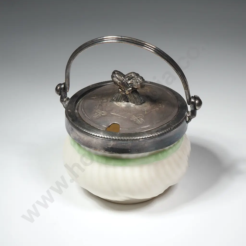 Black Mark Belleek Sugar or Jam Pot Having a Silver Plate Lid w Crossed Wheat Sheath Finial Image 1++