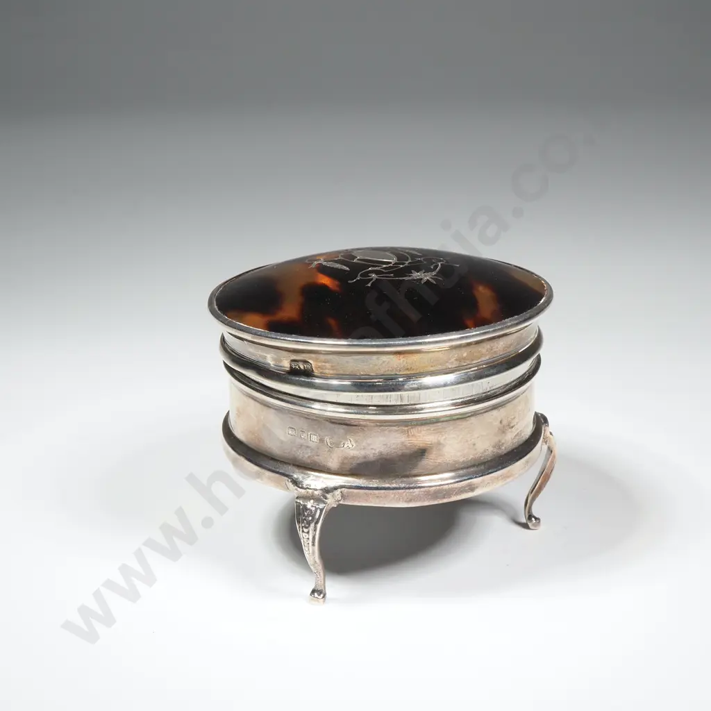Round Sterling Silver & Tortoiseshell Trinket Box on Three Legs  w Intricate Pique Silver Work Image 1++