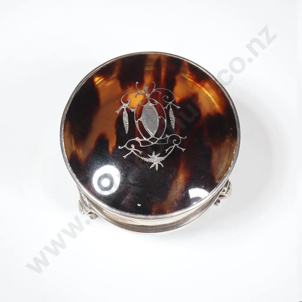 Round Sterling Silver & Tortoiseshell Trinket Box on Three Legs  w Intricate Pique Silver Work Image 1++