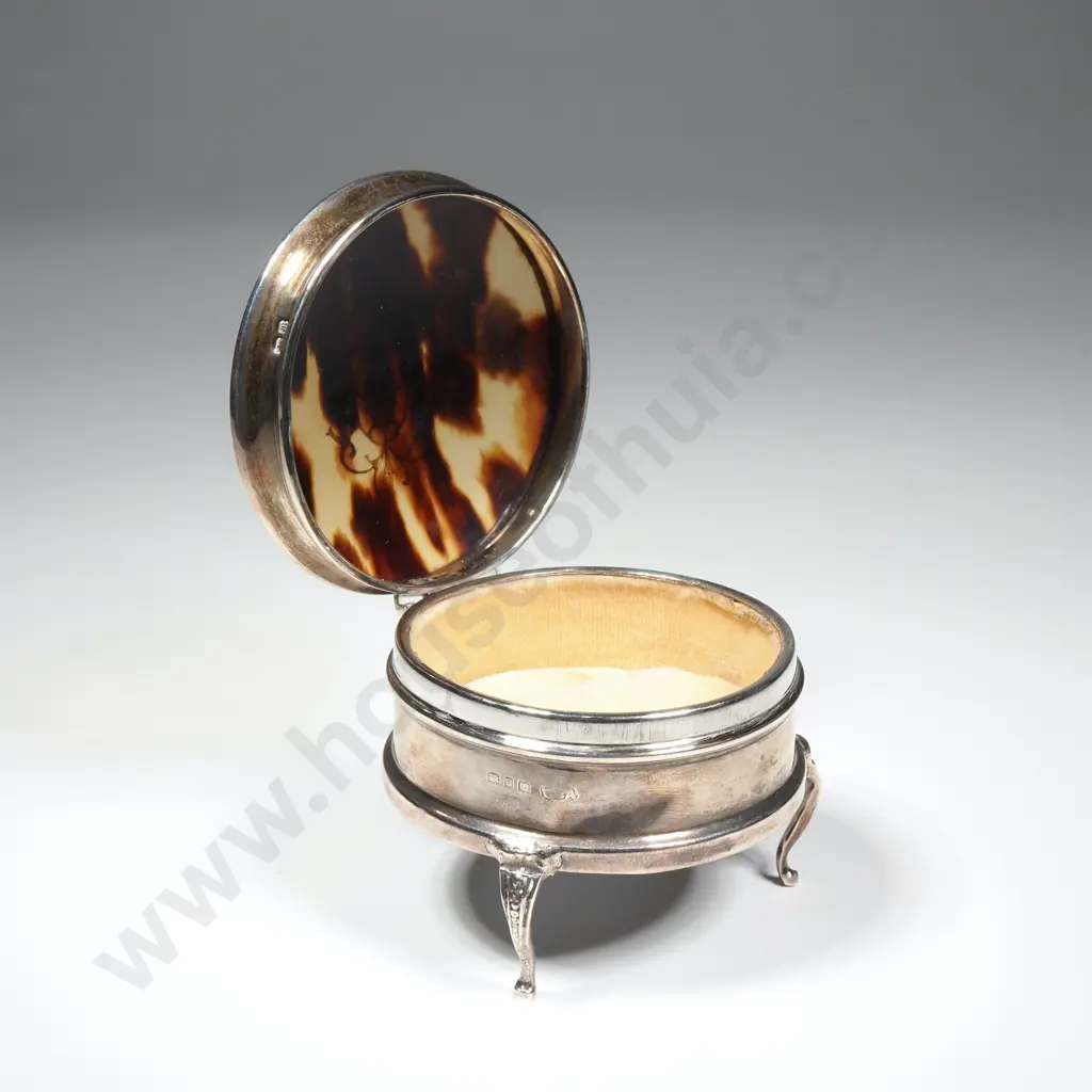 Round Sterling Silver & Tortoiseshell Trinket Box on Three Legs  w Intricate Pique Silver Work Image 1++