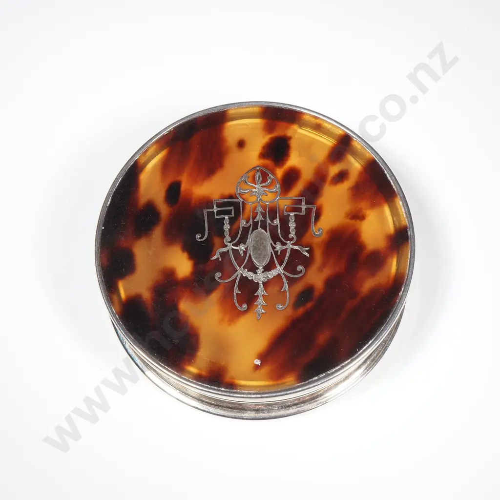 Round Sterling Silver & Tortoiseshell Trinket Box w Intricate  Pique Silver Work Image 1++
