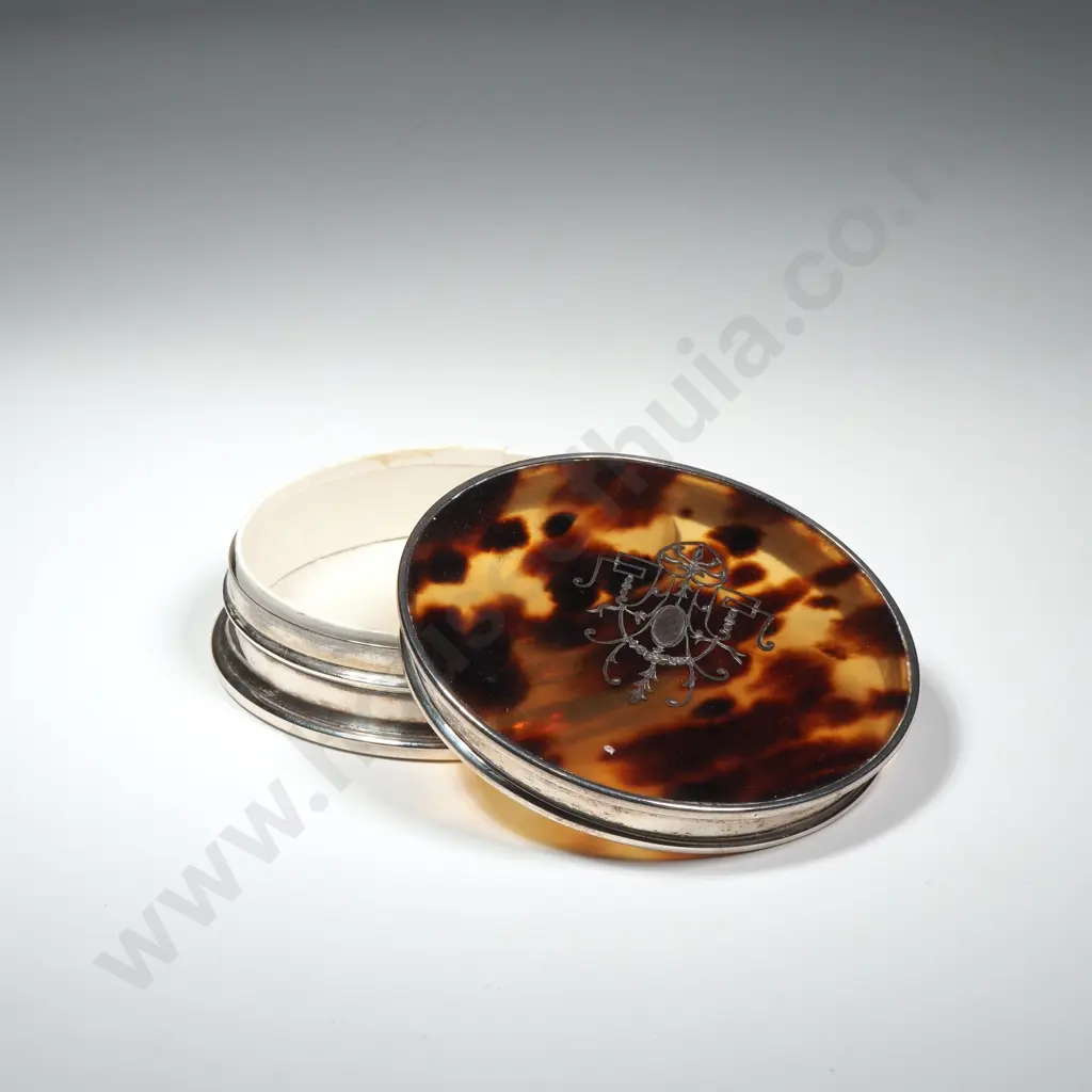 Round Sterling Silver & Tortoiseshell Trinket Box w Intricate  Pique Silver Work Image 1++