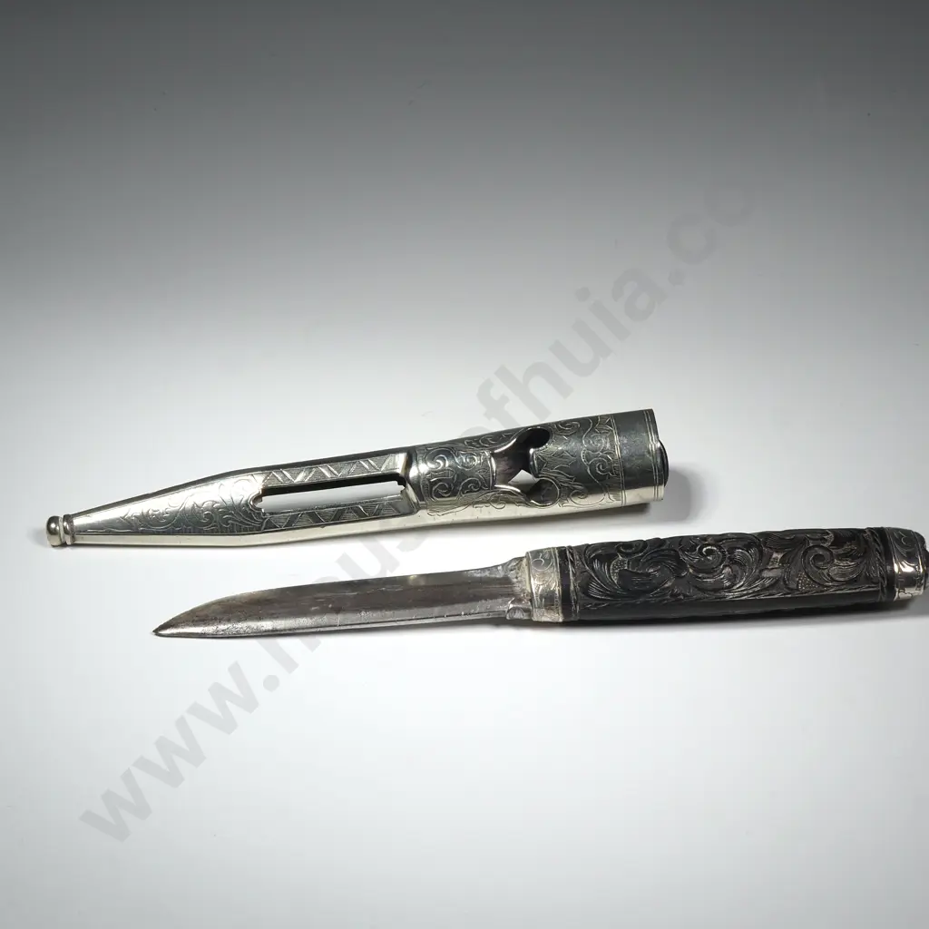A Vintage Toten Knife Or Dress Knife, w Carved Wooden Handle & Silver Plated Sheath w Open Cutout or Window Image 1++