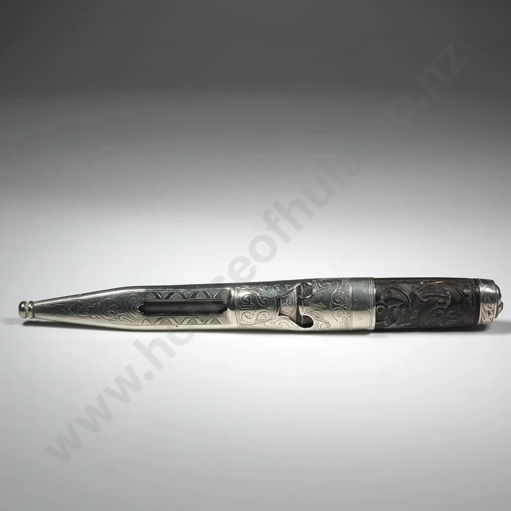 A Vintage Toten Knife Or Dress Knife, w Carved Wooden Handle & Silver Plated Sheath w Open Cutout or Window Image 1++