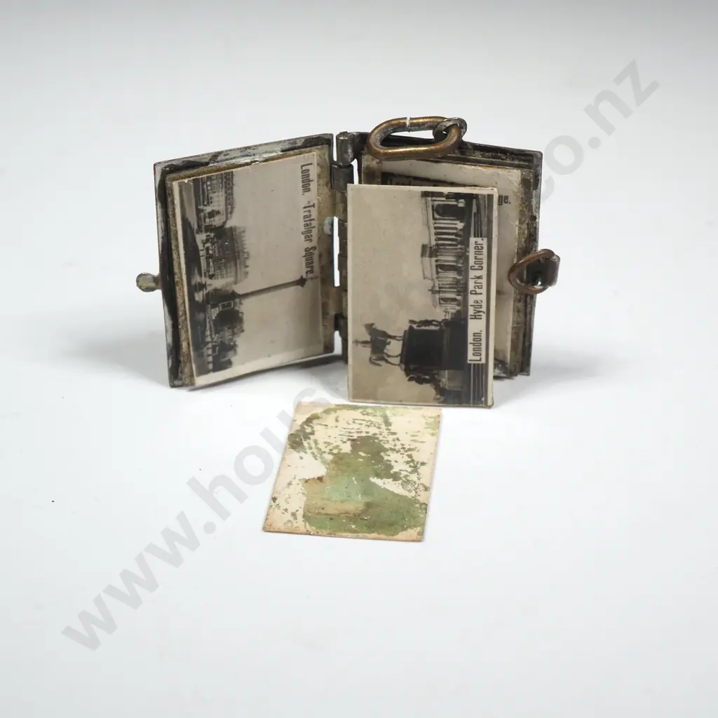 Vintage Silver Plate 'Souvenir' Pendant/Charm /Book  w Small Photos of World Landmarks Enclosed & Art Nouveau Cover Image 1++