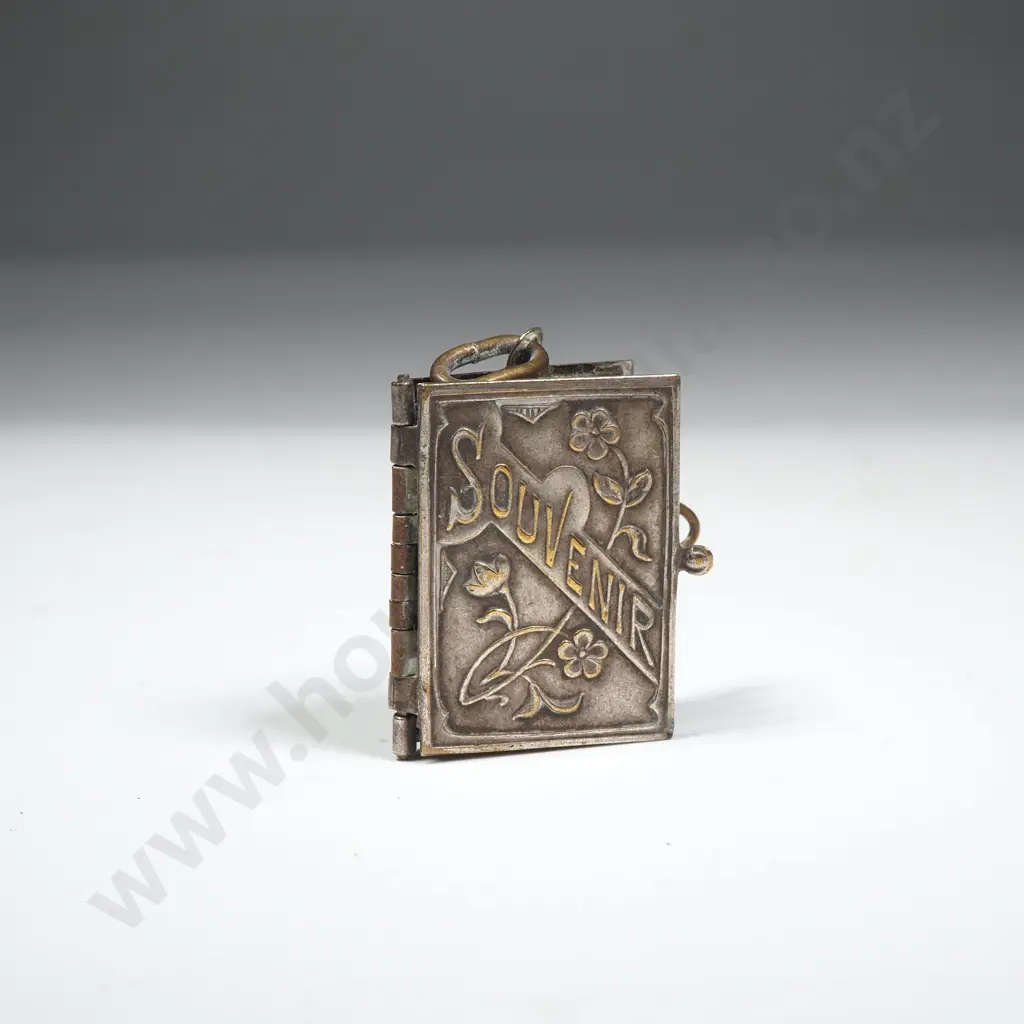 Vintage Silver Plate 'Souvenir' Pendant/Charm /Book  w Small Photos of World Landmarks Enclosed & Art Nouveau Cover Image 1++
