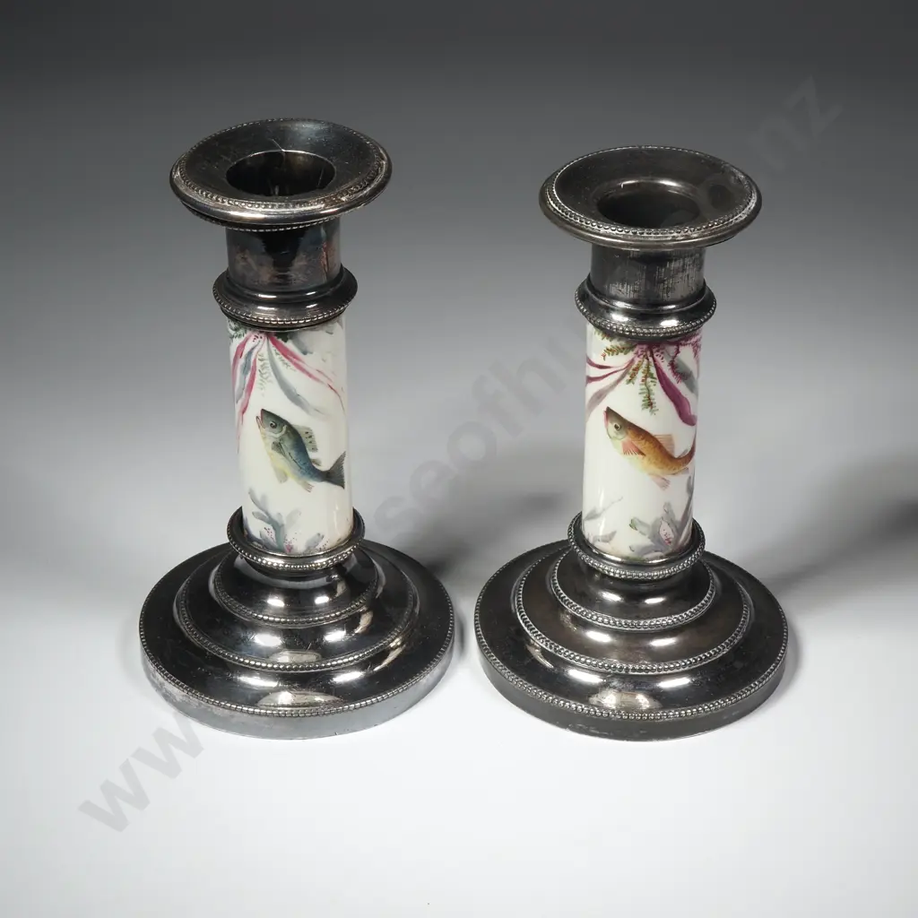 Pair of Silver Plated Column Candlesticks w Painted Porcelain Barrel Depicting Fish & Seaweed Image 1++