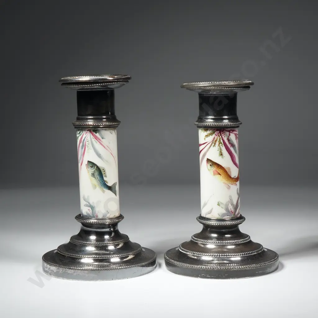Pair of Silver Plated Column Candlesticks w Painted Porcelain Barrel Depicting Fish & Seaweed Image 1++