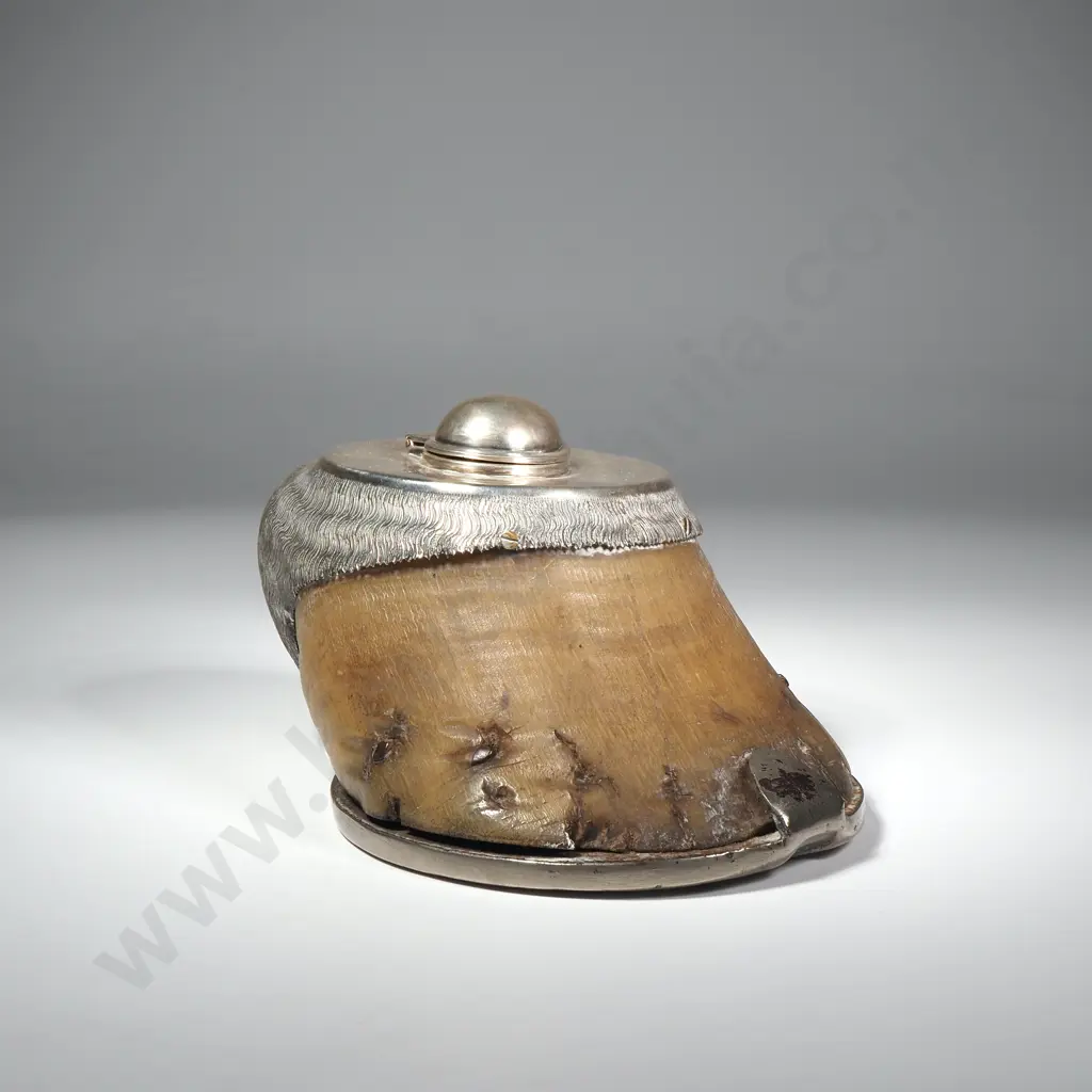 Horse Hoof Inkwell w Silver Plate Mounts & Inscriptions Image 1++