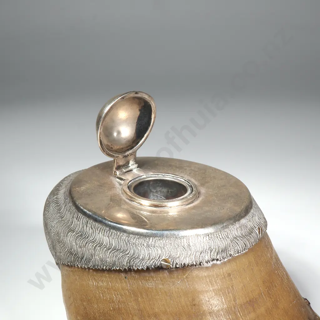 Horse Hoof Inkwell w Silver Plate Mounts & Inscriptions Image 1++