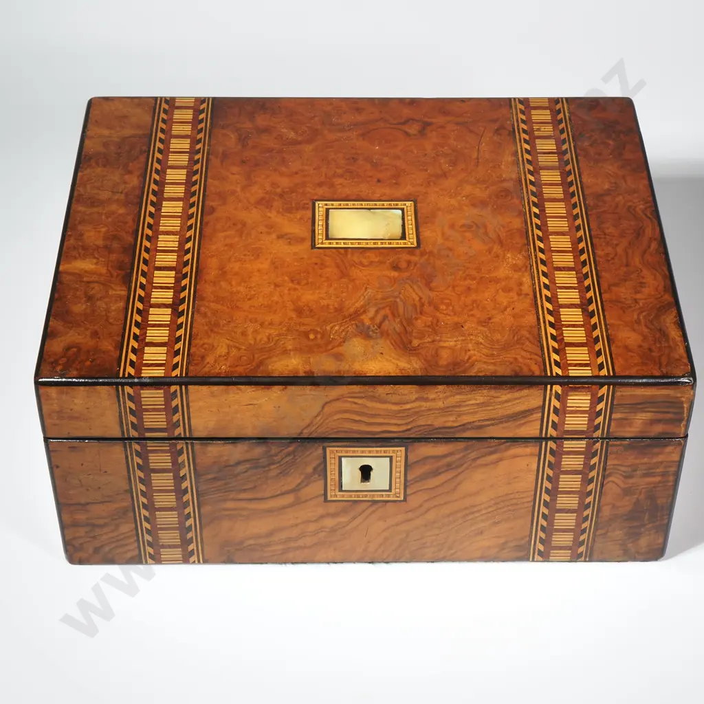 Victorian Walnut Tunbridge Ware Writing Box w Mother of Pearl Cartouche & Keyhole Image 1++