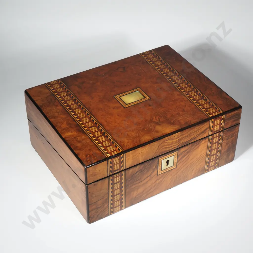 Victorian Walnut Tunbridge Ware Writing Box w Mother of Pearl Cartouche & Keyhole Image 1++