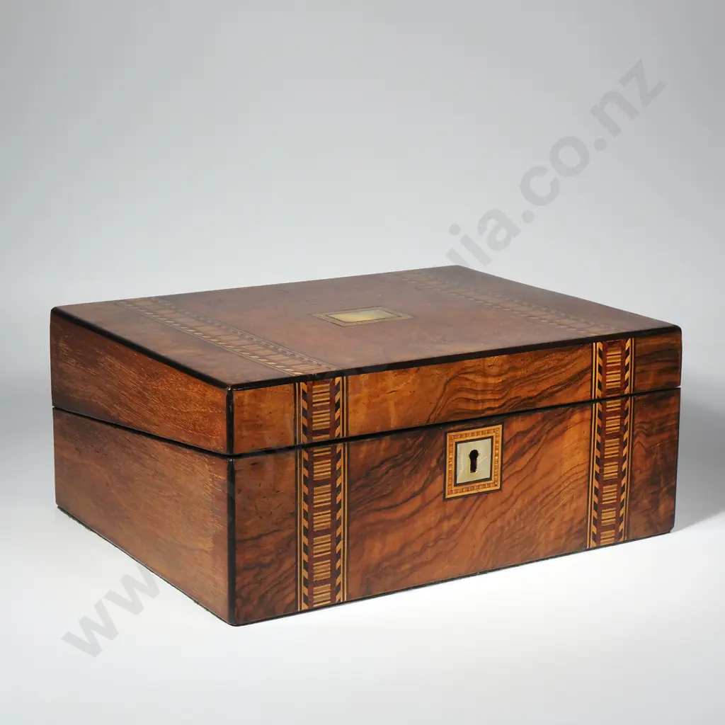 Victorian Walnut Tunbridge Ware Writing Box w Mother of Pearl Cartouche & Keyhole Image 1++