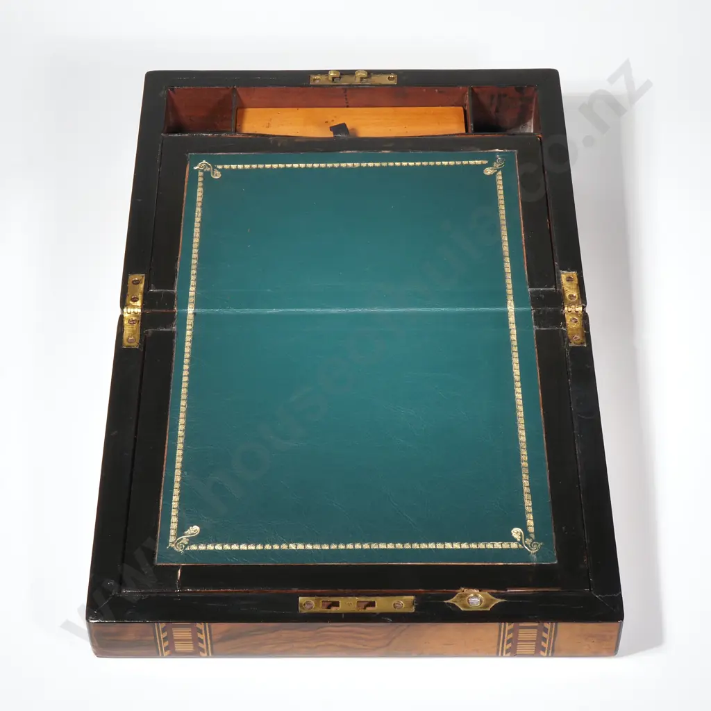 Victorian Walnut Tunbridge Ware Writing Box w Mother of Pearl Cartouche & Keyhole Image 1++