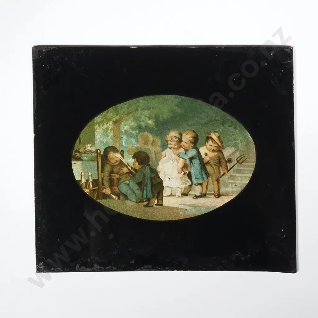Small Vintage Glass Plaque w a Scene 'The Peep Show'  showing 18th Popular Entertainment Image 1++