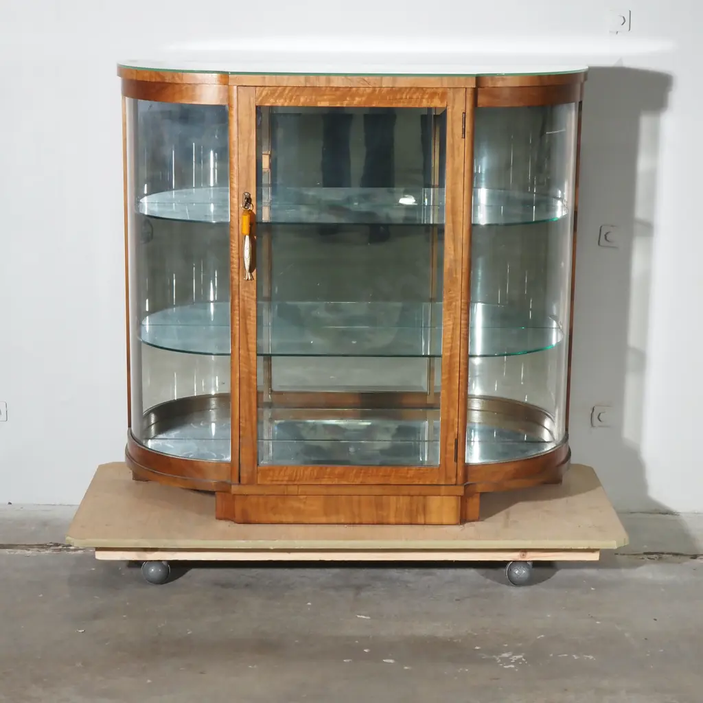 Vintage Art Deco Walnut Display Cabinet w Bow Fronted Ends & Two Glass Shelves Image 1++