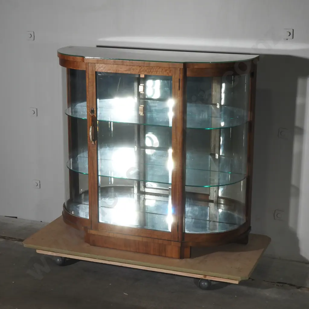 Vintage Art Deco Walnut Display Cabinet w Bow Fronted Ends & Two Glass Shelves Image 1++