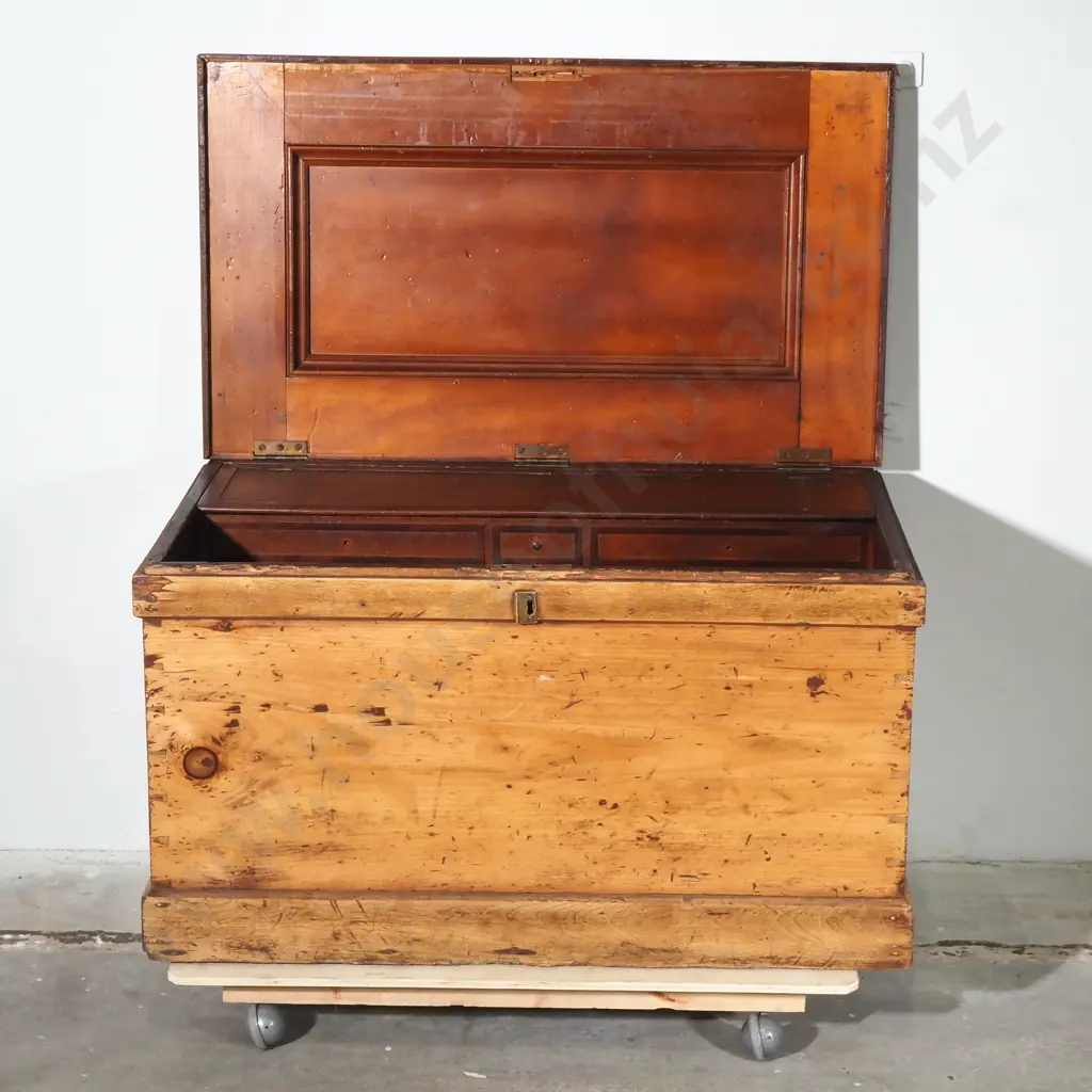 Antique Pine Trunk w Metal Handles Image 1++
