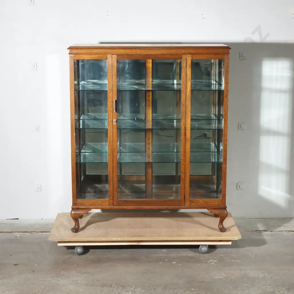 Vintage Straight Front Oak Display Cabinet on Cabriole Legs w Three Glass Panels to Front & Three Glass Shelves Image 1++