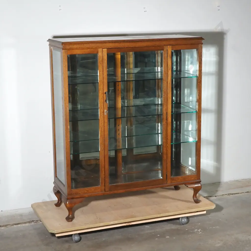 Vintage Straight Front Oak Display Cabinet on Cabriole Legs w Three Glass Panels to Front & Three Glass Shelves Image 1++