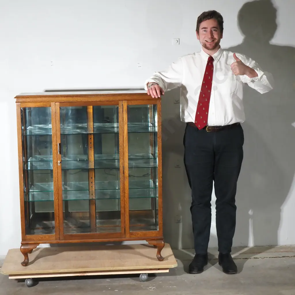 Vintage Straight Front Oak Display Cabinet on Cabriole Legs w Three Glass Panels to Front & Three Glass Shelves Image 1++