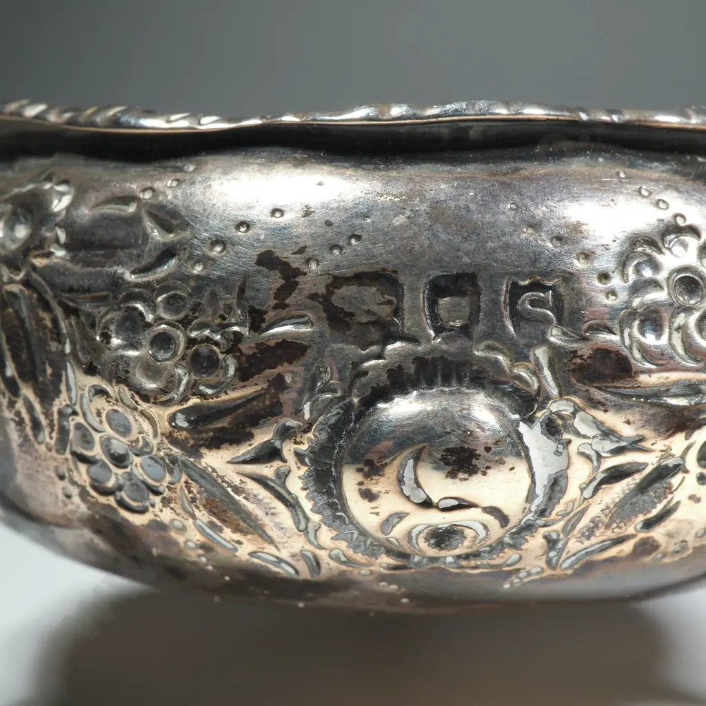 Pair of Sterling Silver Open Salts on Three Pad Feet w Embossed Decoration, London 1893 Image 1++