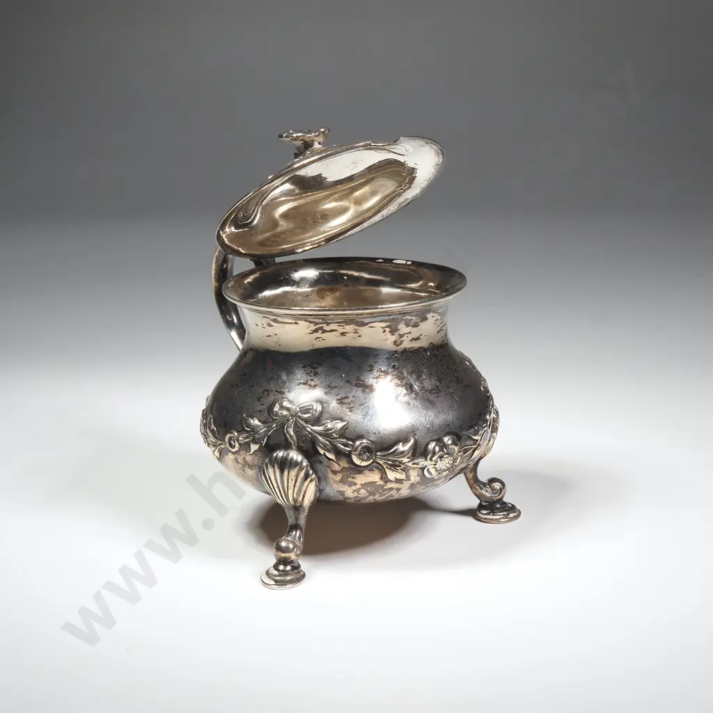 Ornate Embossed Sterling Silver Mustard pot w Floral  Finial Image 1++