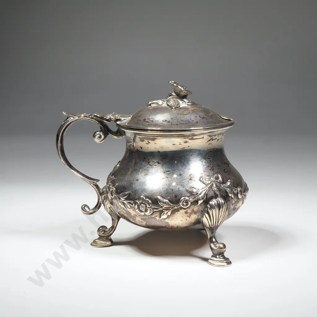 Ornate Embossed Sterling Silver Mustard pot w Floral  Finial Image 1++