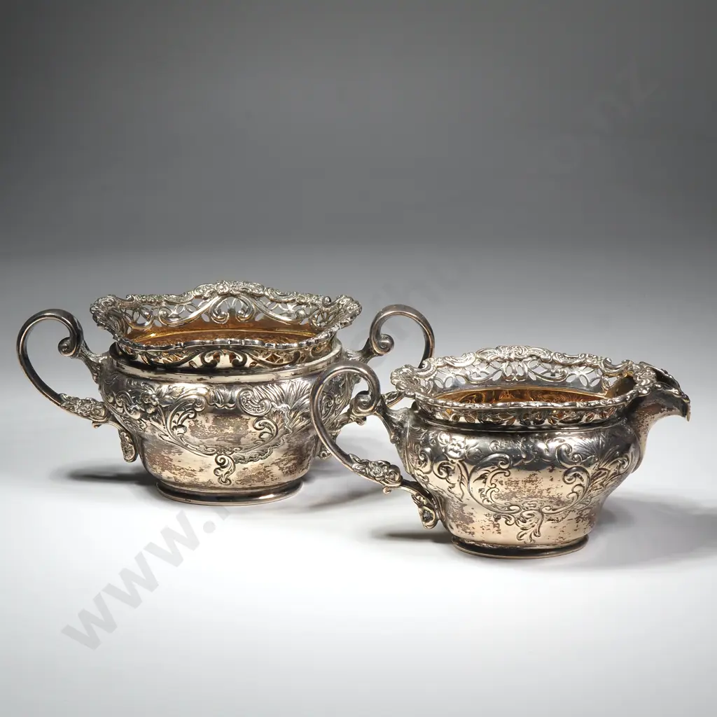 Sterling Silver Cream Jug & Sugar Bowl w Open Work Rims & Ornate Embossed Decoration, London 1904 Image 1++