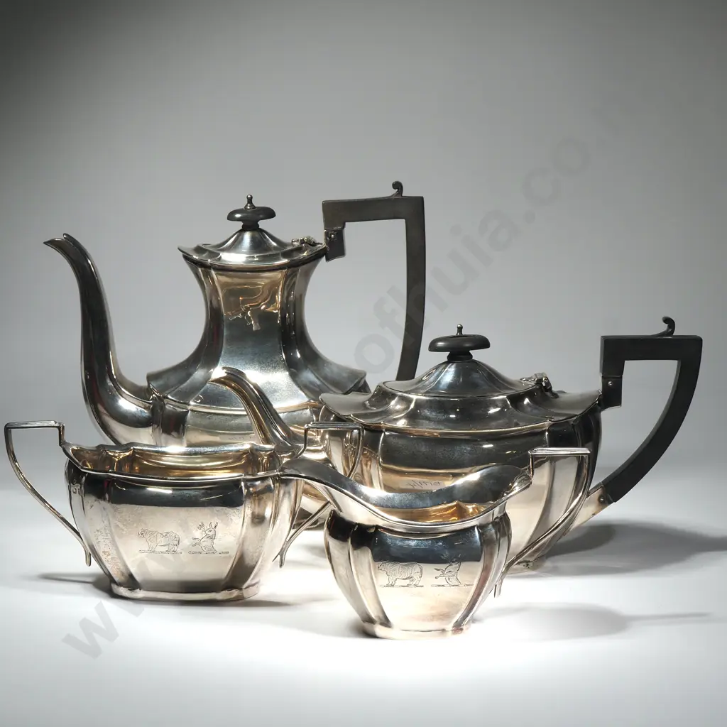 Substantial Sterling Silver Tea & Coffee Set w Heraldic Motifs Image 1++