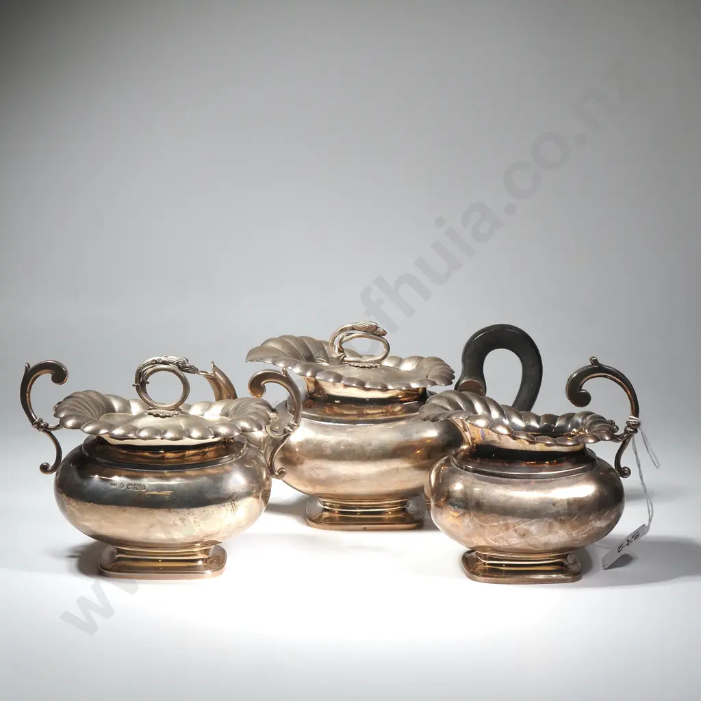 Three Piece Sterling Silver Tea Set w Dragon Finial & Heavy Fluted Rim, Sheffield 1909 Image 1++