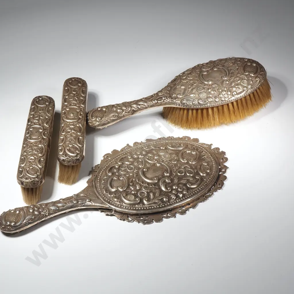 Impressively Ornate Antique Sterling Silver Dressing Table Set Image 1++